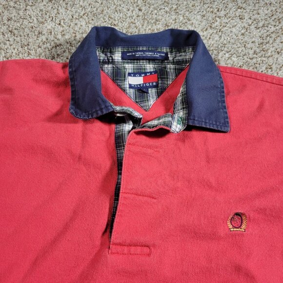 Tommy Hilfiger Rugby Shirt Mens Large Red Long Sleeve Preppy Retro Crest - Picture 3 of 9